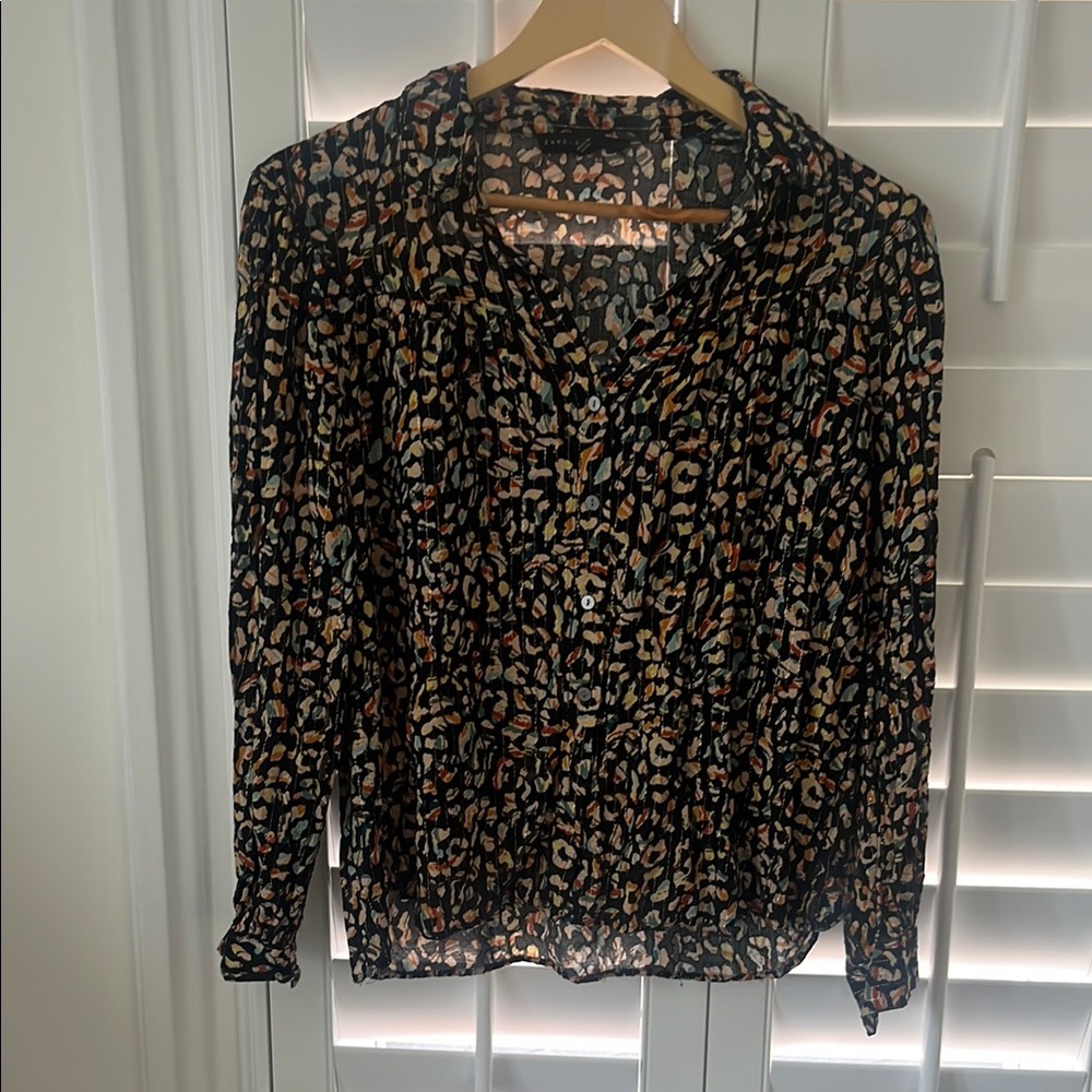 Black Leopard Print Button-Front Blouse